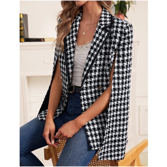Classic Plaid Button up Cape Blazer - Picture 3 of 5